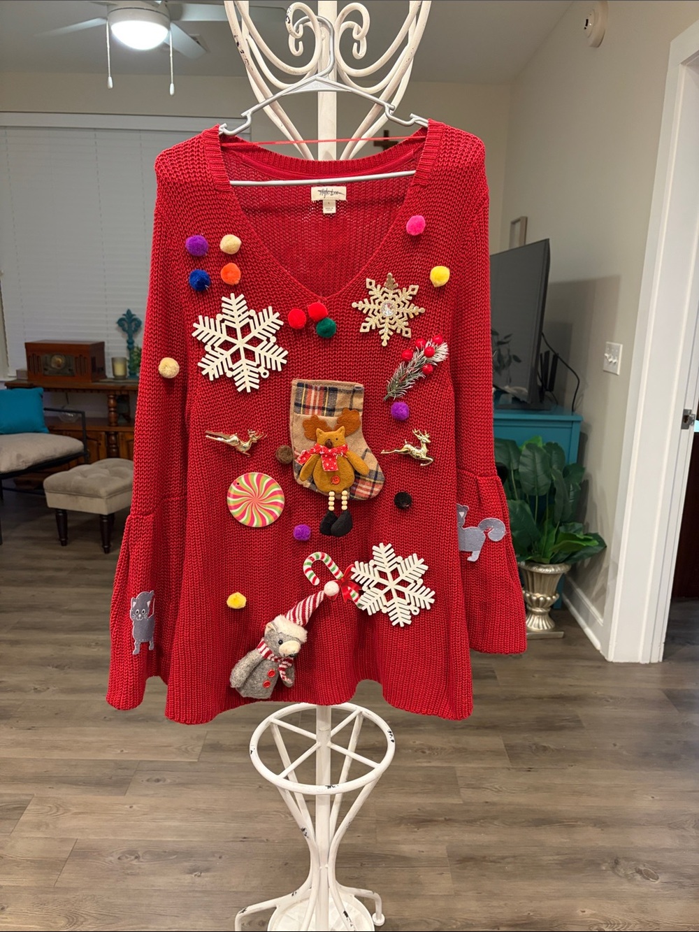 Style & Co. Red V-Neck Heavily Ornament Embellished Ugly Christmas Sweater XL